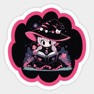 Baby Witch Cancer Zodiac Sign Reading Spell Book Chibi Style Sticker